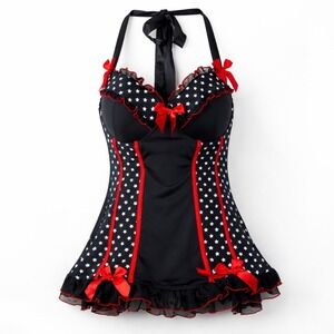 Torrid Star Print Lingerie Chemise 1X Black Red Pinup Halter Corset Rockabilly